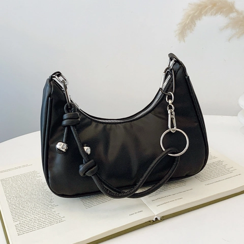 Borsa Hobo Minimalista Pelle PU Sottobraccio Tracolla Annodata Decorazione Anello Metallo Argento Mezzaluna Donna