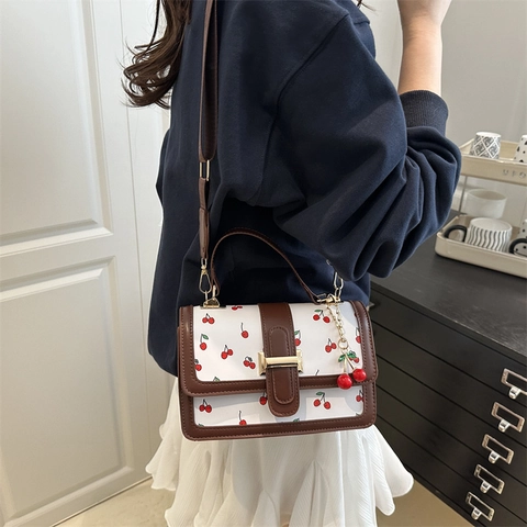Women Crossbody Bag PU Leather Cherry Print Small Square Handbag With Wide Adjustable Strap And Pendant Sweet Fashion