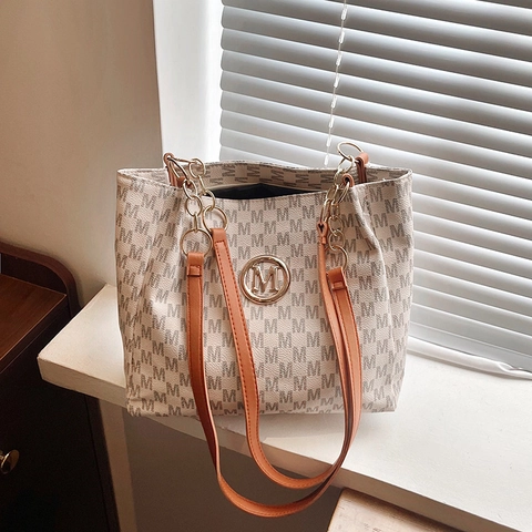 Damen Mode M Buchstaben Druck Tote Bag PU Leder Große Kapazität Schultertasche Mit Kettengurt Retro Pendeln