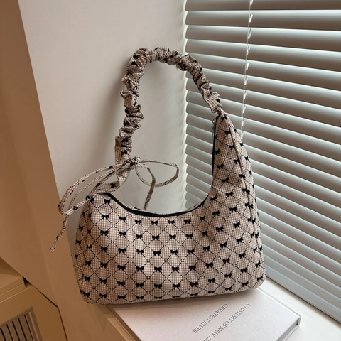 Damen Karo Stoff Hobo Achseltasche Süße Schleife Deko Geraffter Schultergurt Lässige Schultertasche Für Den Alltag Dating
