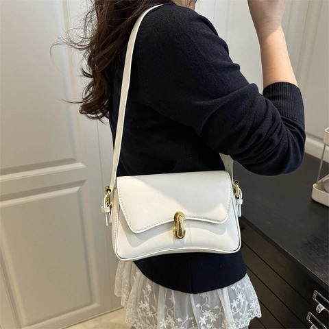 Women's Minimalist PU Leather Underarm Bag Fashion Stylish Solid Color Shoulder Bag With Metal Lock Wide Strap For Ladies Commute