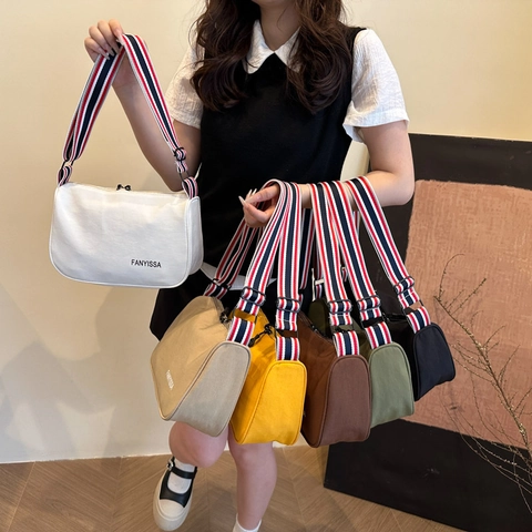 Canvas Crossbody Bag For Women Wide Striped Strap Letter Print Casual Lightweight Shoulder Bag Simple Summer Style