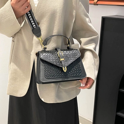 Damen Mode Webmuster PU Leder Handtasche Kleine Quadratische Umhängetasche Mit Verstellbarem Breit Schultergurt