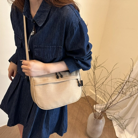 Crossbody Bag Nylon Canvas Half Moon Shape Double Zipper Multi Pockets Adjustable Strap Casual Commute Simple Shoulder Bag