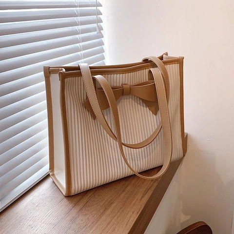 Women's French Style Pleated PU Leather Tote Bag Large Capacity Bow Shoulder Bag Casual Solid Color Handbag Office Use