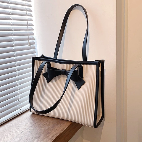 Women's French Style Pleated PU Leather Tote Bag Large Capacity Bow Shoulder Bag Casual Solid Color Handbag Office Use