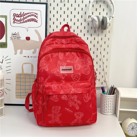 Damen Cartoon Bär Druck Nylon Rucksack Große Kapazität Schultasche Für Jugendliche Lässiger Outdoor Tagesrucksack Mit Reißverschlusstasche