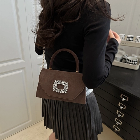 Damen Wildlederimitat Quadratische Strass-Schnalle Umhängetasche Elegante Kette Handtasche Party Hochzeit Top-Griff Tasche