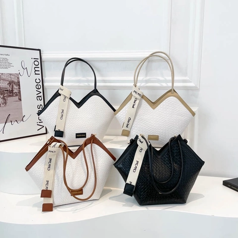 Große Kapazität Gewebte Textur PU Leder Tote Tasche Für Damen Retro V-Ausschnitt Schultertasche Mit Dekorativem Band Pendler Büro Handtasche