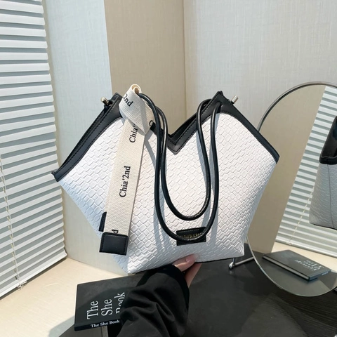 Große Kapazität Gewebte Textur PU Leder Tote Tasche Für Damen Retro V-Ausschnitt Schultertasche Mit Dekorativem Band Pendler Büro Handtasche