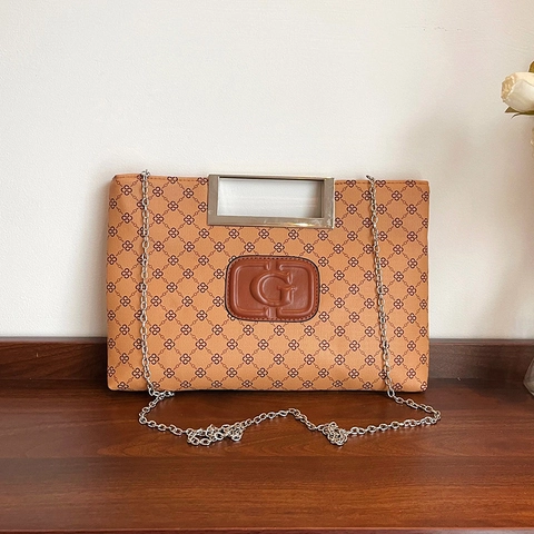 Damen Retro Monogramm Kette Umhängetasche PU Leder Unterarm Schultertasche Mit Metallgriff Mode Buchstaben Logo Handtasche