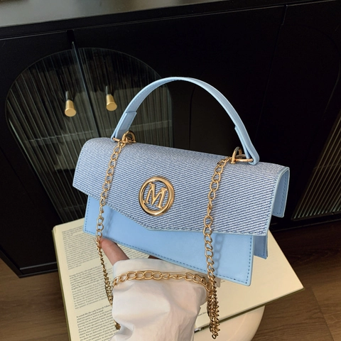 Bolso Bandolera De Moda Para Mujer Patchwork De Cuero PU Y Tela Bolso De Hombro Con Cadena Dorada Logo M De Metal Estilo Vintage
