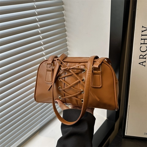 Women Underarm Shoulder Bag PU Leather Corset Lace Up Design Retro Pillow Handbag Casual Commute Solid Color