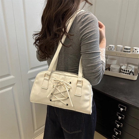 Women Underarm Shoulder Bag PU Leather Corset Lace Up Design Retro Pillow Handbag Casual Commute Solid Color