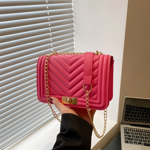 Sac Bandoulière Chic Matelassé En V Cuir PU Motif Chevron Bandoulière Chaîne Métallique Sac À Épaule Élégant