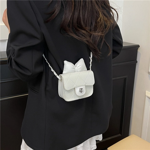 Mini Sac Bandoulière En Cuir PU Motif Matelassé Décoration Noeud Fermoir Fleur Chaîne Métal Élégant Pour Femmes Filles