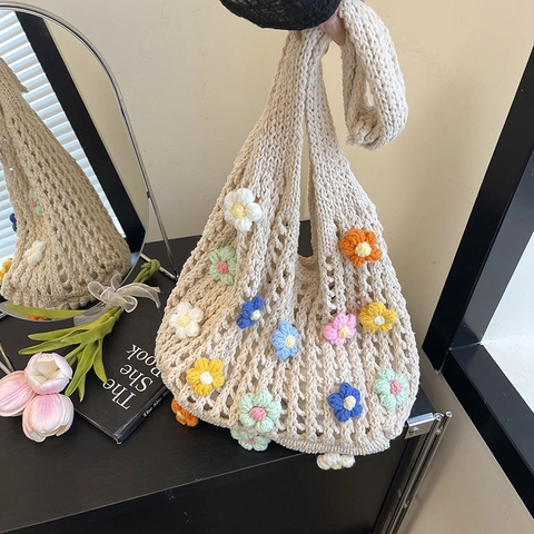 Handgemachte Gehäkelte Gewebte Tragetasche Hohlnetz 3D Bunte Blume Große Kapazität Umhängetasche Sommer Strand Urlaub Damen