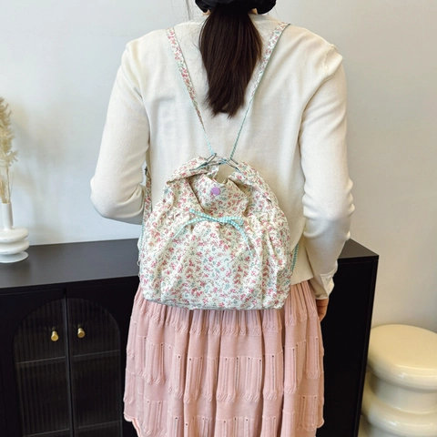 Sac à Dos Femme Motivo Floral Doux Style Champêtre Frais Sac à Bandoulière en Tissu Léger Avec Nœud à Carreaux Sac Quotidien