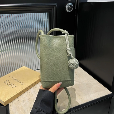 Mini Crossbody Bag Pebbled PU Leather Mobile Phone Pouch With Knot Decoration Solid Color Magnet Closure For Women
