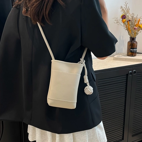 Mini Crossbody Bag Pebbled PU Leather Mobile Phone Pouch With Knot Decoration Solid Color Magnet Closure For Women