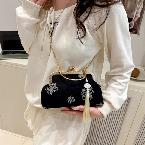Borsa Da Sera Jacquard Floreale Con Manico E Catena Stile Etnico Retrò Pochette Con Nappa Per Donna
