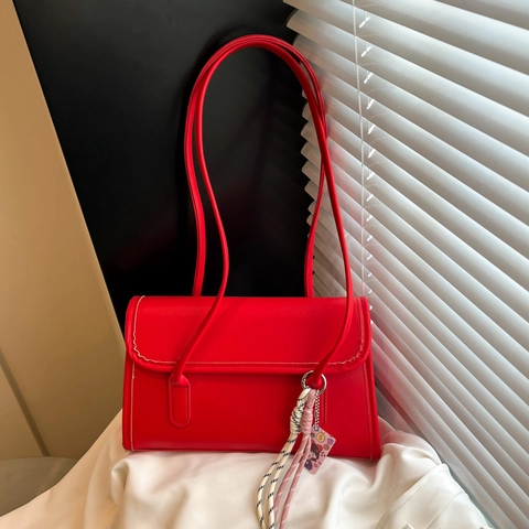 Underarm Shoulder Bag PU Leather Rectangular Flap Closure Vintage Minimalist For Women With Decorative Pendant