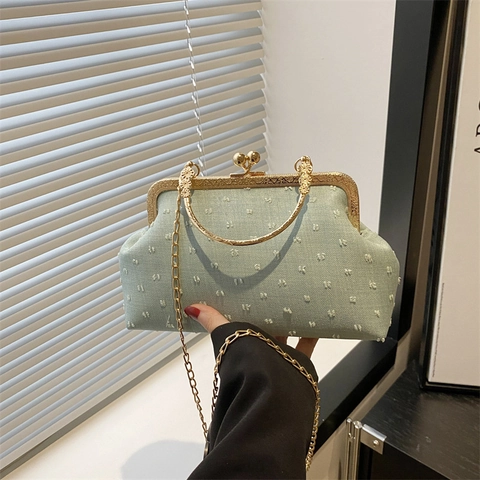 Vintage Clasp Evening Bag For Women Elegant Denim Fabric Polka Dot Handbag Gold Metal Handle Chain Shoulder Crossbody Bag