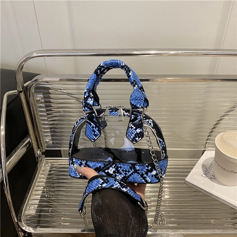 Transparente PVC Patchwork Schlangenleder Zebra Muster Muschel Umhängetasche Mini Handtasche Mit Metallkette Riemen Für Damen Mode Accessoire