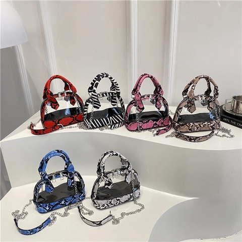 Borsa a Guscio in PVC Trasparente da Donna Patchwork Motivo Serpente Zebra Catena Gelatina Tracolla Borsa a Mano Mini Urban Fashion