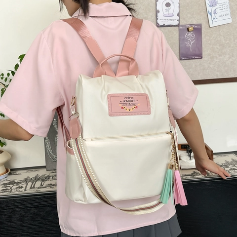 Cute Nylon Backpack For Women Girls Waterproof School Bag With Contrast Color Tassels Striped Straps Rabbit Design