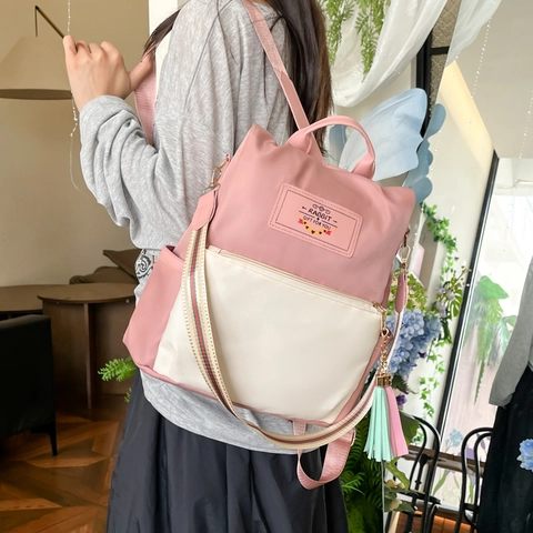 Sac à Dos en Nylon Mignon Lapin Femmes Mode Sac d'école Rétro Décontracté Voyage Quotidien Sac à Dos Avec Pompon Et Sangles Rayées