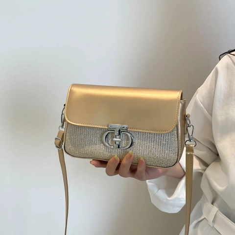 Borsa a Tracolla da Donna in Pelle PU con Paillettes Splicing Moda Lucchetto in Metallo Piccola Borsa Quadrata a Spalla Chic Coreana per Feste
