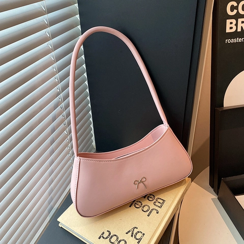 Bolso de Hombro de Cuero PU con Decoración de Lazo Estilo Francés para Mujer Bolso de Color Sólido a la Moda con Cremallera Elegante Bolso Baguette