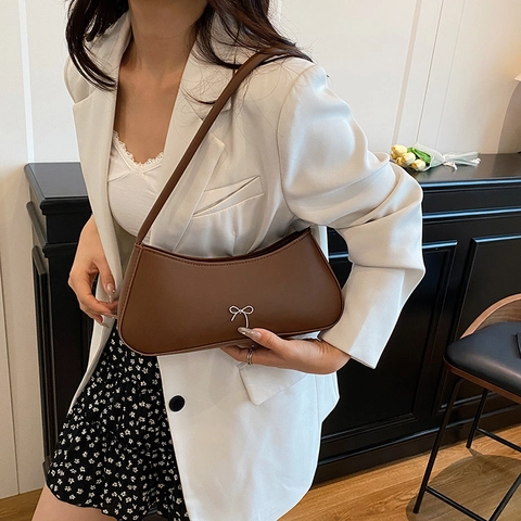 Bolso de Hombro de Cuero PU con Decoración de Lazo Estilo Francés para Mujer Bolso de Color Sólido a la Moda con Cremallera Elegante Bolso Baguette