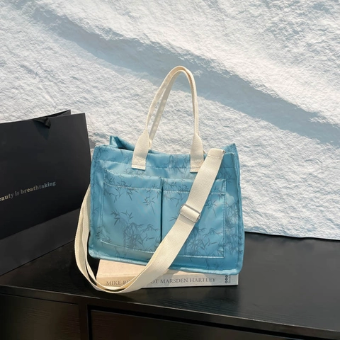 Vintage Bamboo Leaf Print Tote Bag Large Capacity Canvas Nylon Handbag For Women Daily Travel Casual Shoulder Bag