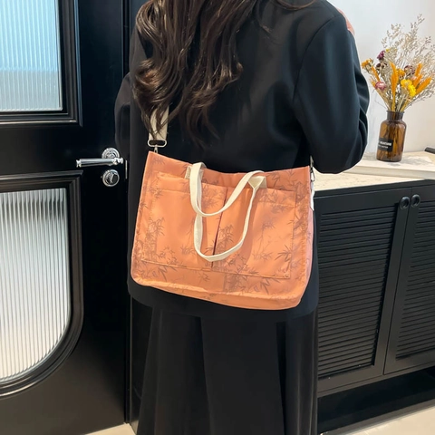 Vintage Bamboo Leaf Print Tote Bag Large Capacity Canvas Nylon Handbag For Women Daily Travel Casual Shoulder Bag