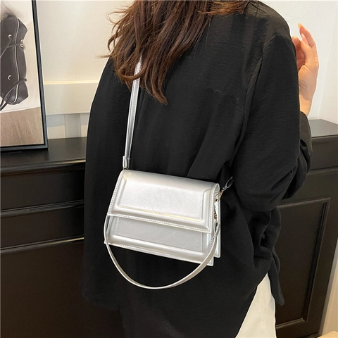 Bolso Bandolera de Cuero PU Minimalista de Alta Gama para Mujer Bolso de Hombro Cuadrado con Solapa Color Sólido a la Moda Bolso Urbano