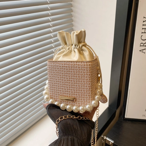 Mini Sac Seau Cuir PU Poignée Künstliche Perles Bandoulière Chaîne Fermeture Cordon Motif Géométrique Sac À Main Élégant Femmes