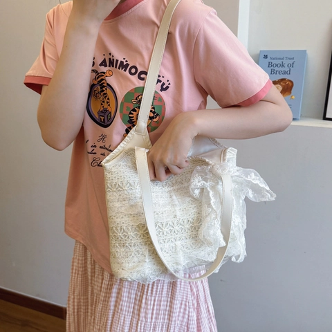 Sac Tote En Dentelle Pour Femmes Grand Noeud Broderie Florale Sac À Main Rétro Français Style Mori Girl Crème