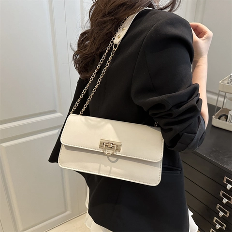 Women Fashion French Style PU Leather Underarm Baguette Bag Solid Color Chain Strap Shoulder Bag Daily Casual Bag For Women