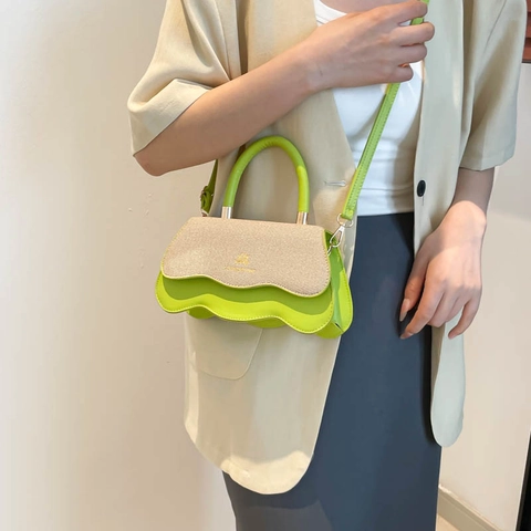 Women Fashion Scalloped Edge PU Leather Crossbody Bag Casual Patchwork Small Square Handbag With Adjustable Shoulder Strap