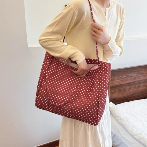 Retro Rot Weiß Polka Dot Canvas Tote Bag Große Kapazität Lässige Schulter Handtasche Für Frauen Studenten Schule Alltag