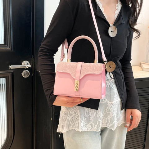 Borsa a Tracolla Quadrata Piccola in PU con Paillettes Minimalista Urbana Elegante Borsa a Mano con Strass e Chiusura in Metallo