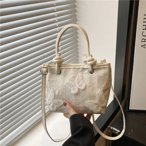 Women Lace Embroidery Butterfly Bucket Bag 3D Floral Top Handle Handbag Adjustable Shoulder Strap Elegant Crossbody Purse