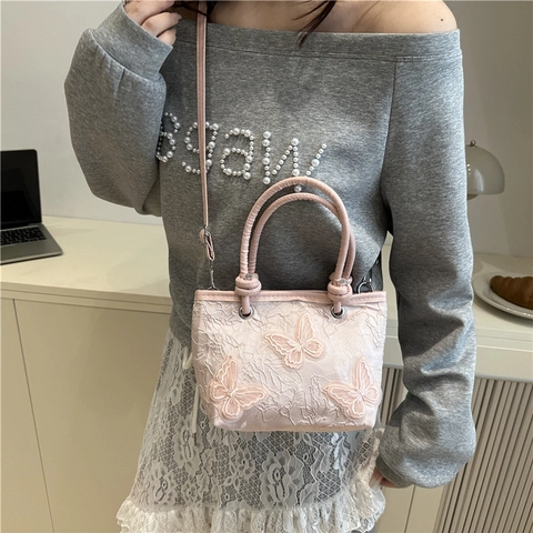 Women Lace Embroidery Butterfly Bucket Bag 3D Floral Top Handle Handbag Adjustable Shoulder Strap Elegant Crossbody Purse