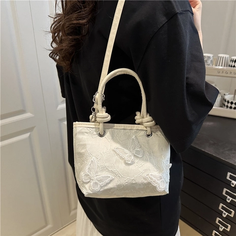Süße Spitze Schmetterling Handtasche Für Damen Frische Florale Spitzenstruktur Umhängetasche Ästhetische 3D Bestickte Tasche