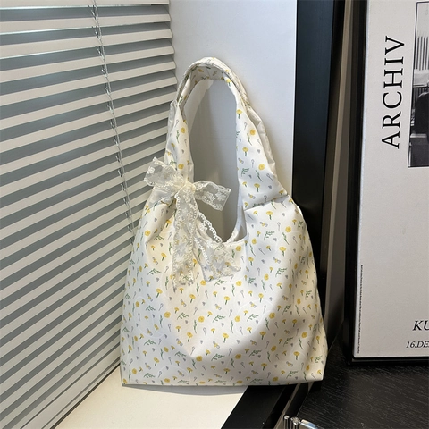 Borsa Tote in Tela Floreale da Donna con Fiocco in Pizzo Dolce Borsa a Tracolla Grande Capacità Casual Shopping per Scuola