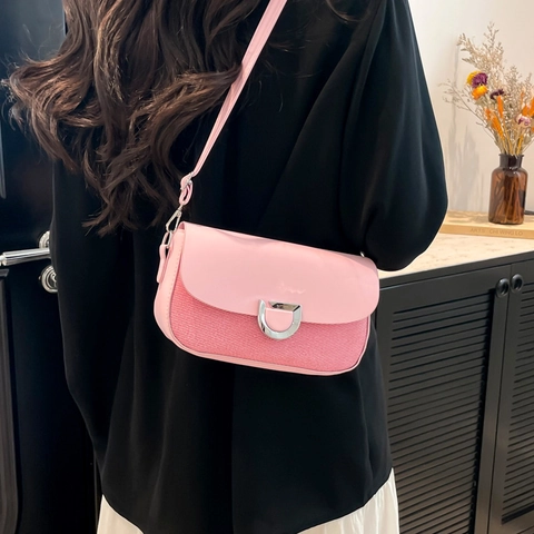 Sac Bandoulière Patchwork Mode pour Femmes Petit Sac Carré en Cuir PU et Tissé avec Boucle Métallique en D Sac à Épaule Urbain