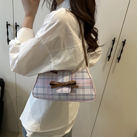 Borsa Sottobraccio Vintage a Quadretti per Donna Moda Tessuto Fiocco Decorativo Baguette Borsa Stile Coreano Semplice Borsa a Spalla