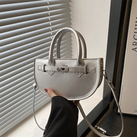 Bolso de Mano de Media Luna Minimalista Francés Para Mujer De Cuero PU Color Sólido Bolso de Hombro Baguette Con Cierre Giratorio Y Correa Desmontable